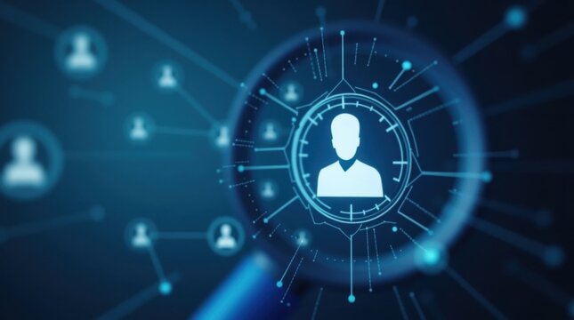 Interfaz de reclutamiento con lupa enfocada en el icono del candidato seleccionado, dise&ntilde;o geom&eacute;trico
