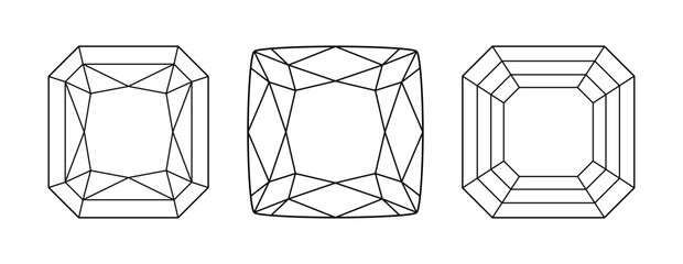 Original Radiant, Cushion, Asscher diamond cut shape. Diamond pad shape top view. Original Radiant, Cushion, Asscher brilliant cut set. Gemstone outline icon for jewellery branding, packaging, logo. © Hanna