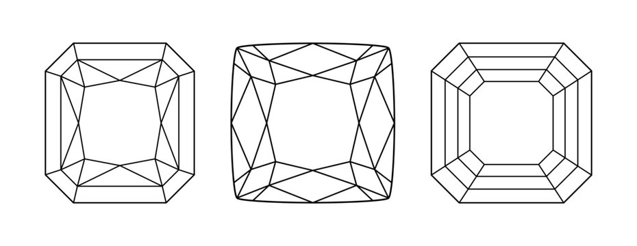 Original Radiant, Cushion, Asscher diamond cut shape. Diamond pad shape top view. Original Radiant, Cushion, Asscher brilliant cut set. Gemstone outline icon for jewellery branding, packaging, logo.