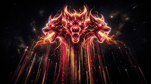 A three-headed wolf stands in the night, flames erupting around it