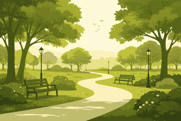 Fototapeta premium Peaceful Public Park Landscape with Winding Path, Benches, and Street Lamps in a Flat Graphic Vector Style; Serene Green Nature Scene with Lush Trees and Bushes for Outdoor Leisure and Relaxation.