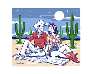 Retro cowboy and cowgirl desert. Western vintage artwork for t-shirt. Cactus night landscape. Rodeo couple print. Wild west graphic design. © panji