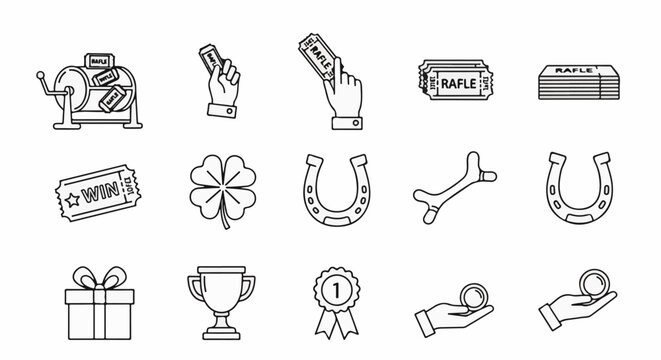 Collection of luck and winning symbols raffle tickets, clover, horseshoe, prize, trophy, medal