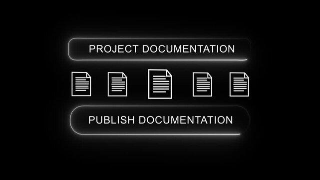 Project documentation publishing interface with coding programming technology ai machine learning next gen cybersecurity software developer, digital workspace solutions animation 4k vido