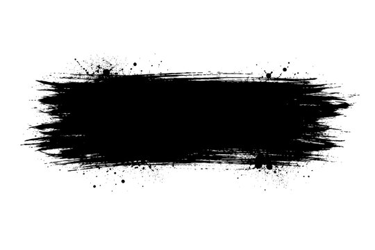 Black Grunge Brush Stroke Banner with Rough Edges and Splatter, Abstract Paint Texture for Typography Overlay, Bold Ink Smear Design Element for Creative Graphic Projects and Artistic Backgrounds