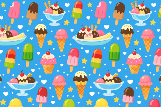 Seamless Ice Cream Vector Pattern with Colorful Popsicles, Sundaes, Cones, and Banana Splits on a Blue Background with Stars and Hearts for Summer Party Decorations and Sweet Dessert Theme Design