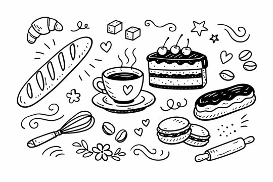 Hand-drawn bakery doodle icons set featuring coffee cup, cake slice with cherries, baguette, croissant, eclair, macarons, whisk, and rolling pin. Vector illustration of sweet pastries and breakfast.