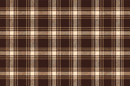 Elegant dark brown and cream seamless plaid pattern with a timeless tartan aesthetic. Perfect for classic fashion, home decor, textiles, and sophisticated graphic design backgrounds. Versatile.