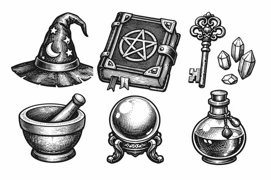 Vintage Engraving Style Collection of Mystical Wizard Items and Alchemical Tools Including Magic Hat, Grimoire Spellbook, Crystal Ball, Potion Bottle, Mortar and Pestle, Ornate Key and Crystals