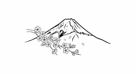 Delicate cherry blossoms drift past a majestic, iconic mountain peak © tina