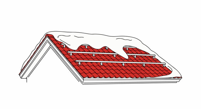 Red tiled roof with snow accumulation and snow guards