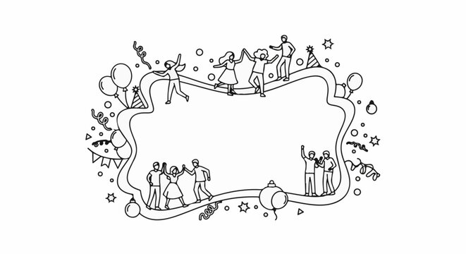 Joyful people dancing and celebrating around a wavy frame with party elements
