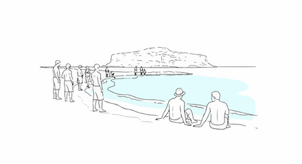 Naklejka premium People relax on a beach with a rocky island in the distance