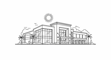 Naklejka premium Modern building with large windows, palm trees, and sun