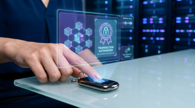 Person using fingerprint scanner on hardware wallet for secure transaction authorized hologram concept, Biometric Authentication, Secure Crypto Transaction, Hardware Wallet Security,