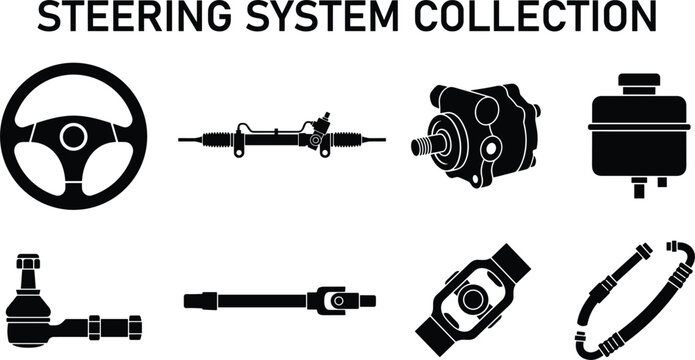 Automotive steering system components icons set with steering wheel rack pump joint shaft and hydraulic parts vector illustration