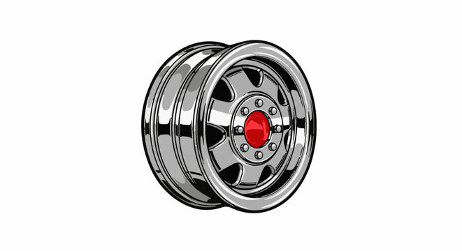 Shiny chrome wheel with a bright red center hub