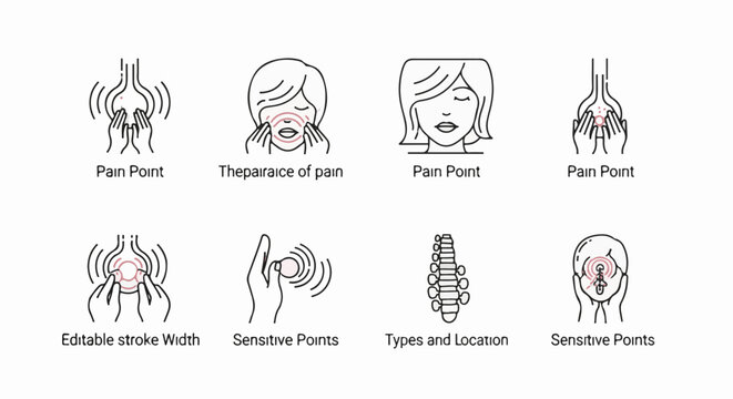 Set of icons representing pain points, sensitive spots, and spinal column