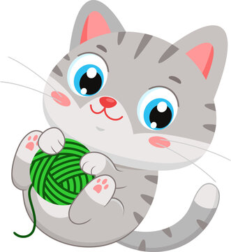 Cute Gray Cat Cartoon Character Playing With Green Yarn Ball &ndash; Vector Illustration Flat Design Isolated On Transparent Background
