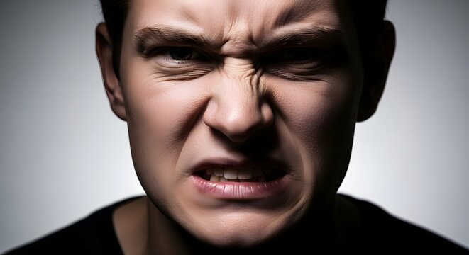 Close-up portrait of a young man with an intense, angry, and frustrated facial expression, teeth gritted.