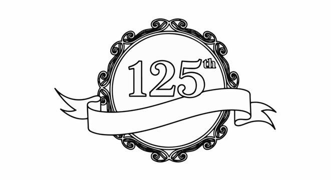 Ornate circular frame with "125th" and banner for text