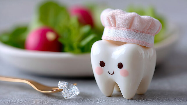 Smiling tooth character wearing a chef hat beside fresh vegetables  