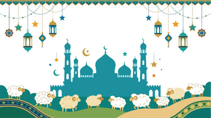 Fototapeta premium Eid al-Adha Illustration with Mosque and Sheep Landscape Vector Graphic for Islamic Holiday Celebrations