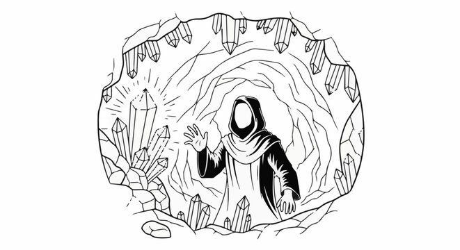Mysterious hooded figure in a cave filled with glowing crystals