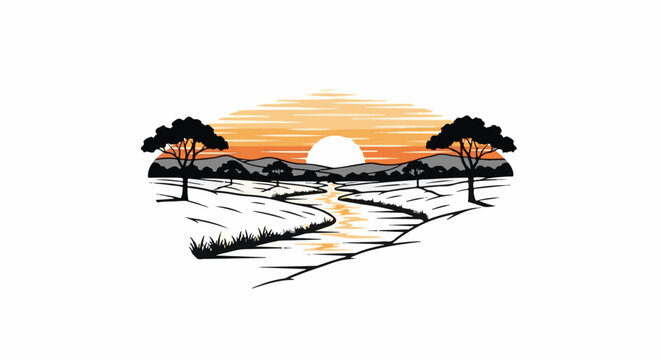 Serene savanna landscape with a river reflecting the sunset