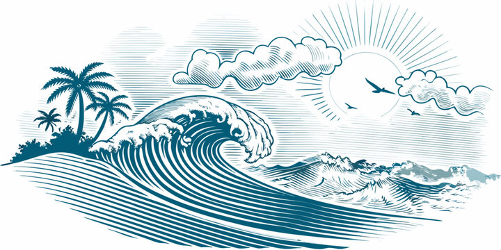 Vintage style ocean wave illustration with palm trees and clouds