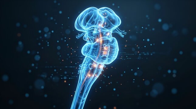 Detailed digital visualization of a human brain stem and spinal cord with neural pathways illuminated in blue