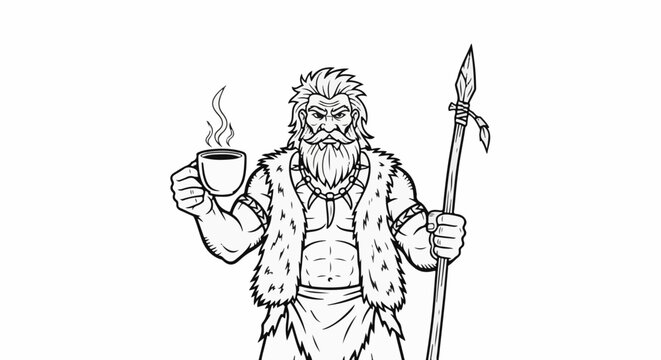 Muscular caveman with beard holds steaming coffee cup and spear