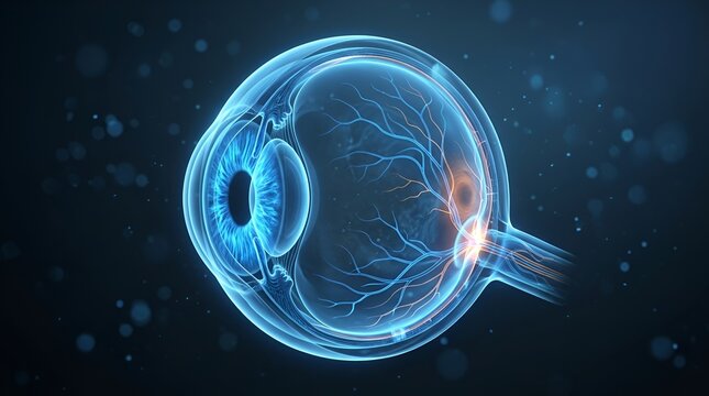 High-Tech Artistic Visualization of a Human Eye with Neural Network Details in a Futuristic Digital Environment