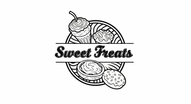 Black and white logo featuring various desserts and the words "Sweet Treats