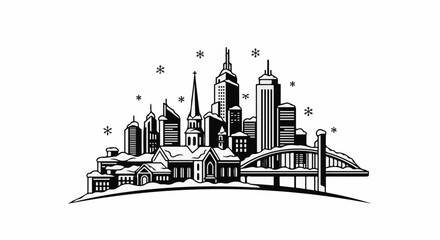 Obraz premium Snowy cityscape with diverse architecture, featuring skyscrapers, a church, and a bridge