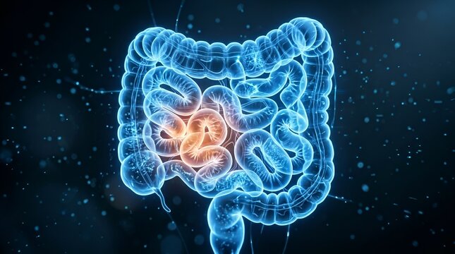 Advanced digital illustration depicting the human digestive system highlighting intestines and internal organ connectivity for