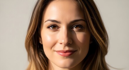 Naklejka premium Close-up portrait of a beautiful young woman with brown hair and eyes, smiling gently at the camera in soft, natural light.