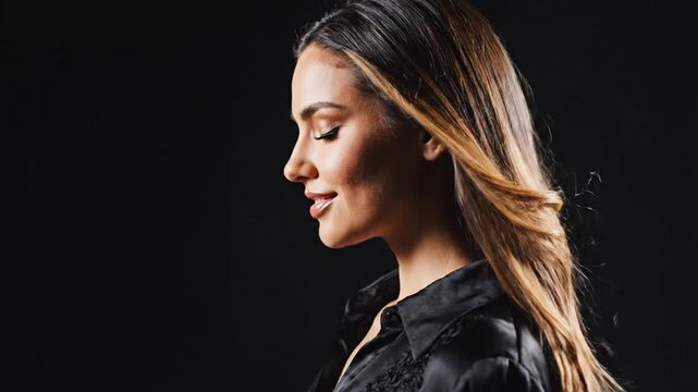 Side profile view of a young woman with long flowing brunette hair featuring warm highlights wearing a black satin blouse against a solid black studio background.
