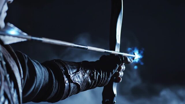 Close-up of Archer Aiming a Bow with a Glowing Blue Arrow