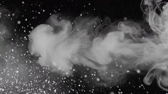 Abstract white smoke and particles exploding against a dark background