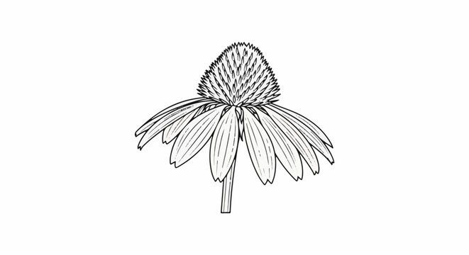 Line drawing of an echinacea flower with drooping petals and a spiky center