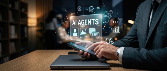 Fototapeta premium Innovative ai agents utilizing technology in a modern office setting showcasing digital interaction and visual communication in a professional environment