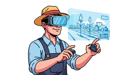 Fototapeta premium Farmer using VR headset for smart farming technology in field with tractor and crops