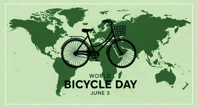 World Bicycle Day Banner with Green Map and Bicycle Illustration
