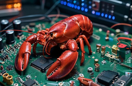 Red lobster sits on green circuit board amidst glowing blue tech