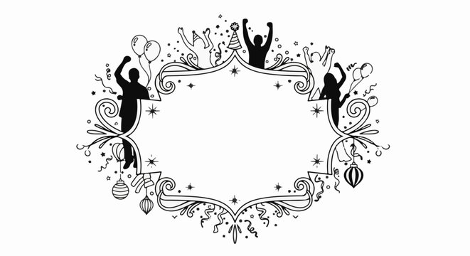 Festive decorative frame with dancing silhouettes, balloons, and confetti