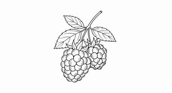 Two ripe raspberries with leaves on a stem, black and white line drawing