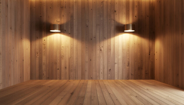 Empty wooden interior with warm wall sconces.