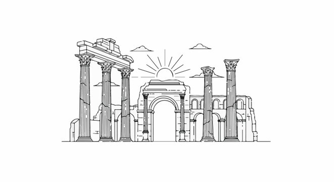 Ancient ruins with columns and arch, sun rising above them