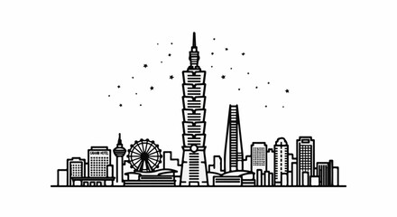 Obraz premium A stylized line art depiction of a city skyline at night with a prominent tower